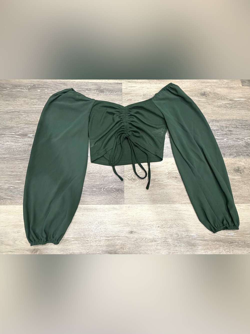SHEIN Dark Green Ruched Front Long Puff Sleeve Crop Top